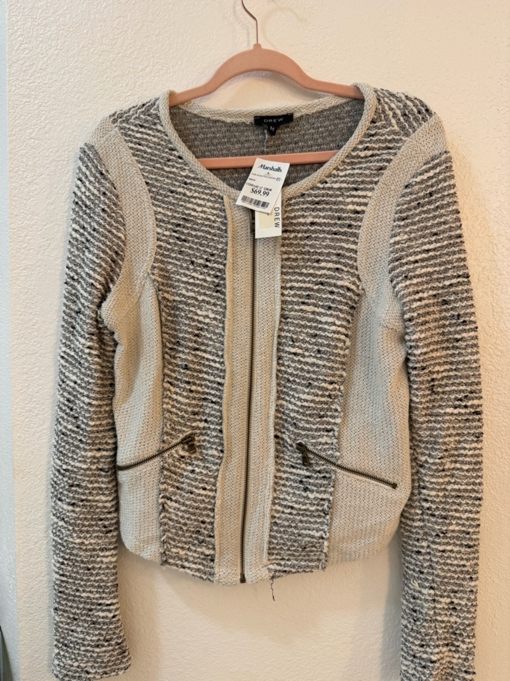 DREW Cream and Black Textured Knit Zip Jacket Tweed Feminine Office Casual Sz M